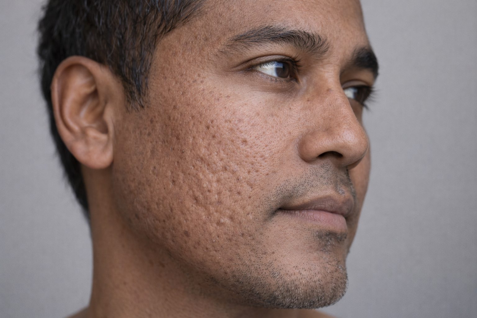 Laser fractionné CO2 pour cicatrices d'acné et texture de peau, Québec | Fractional CO2 laser for acne scars and skin texture, Quebec Cicatrices d'acné et texture irrégulière de la peau avant traitement au laser fractionné CO2 à la clinique Le Centre au Québec | Acne scars and uneven skin texture before fractional CO2 laser treatment at Le Centre clinic in Quebec