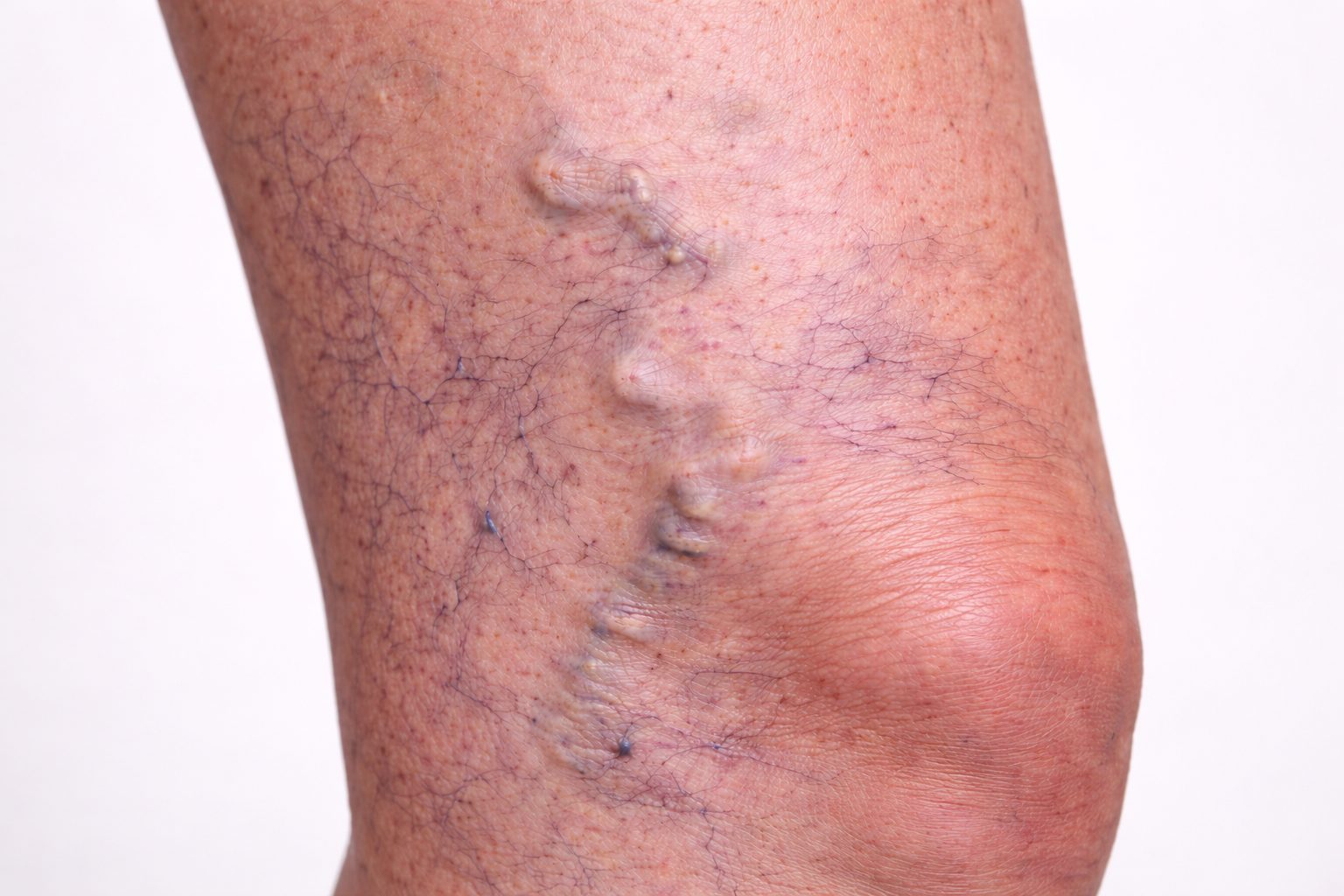 Sclérothérapie pour varicosités et varices des jambes, Québec | Sclerotherapy for spider veins and leg varicose veins, Quebec Varicosités et varices visibles sur la jambe avant sclérothérapie à la clinique Le Centre au Québec | Visible spider veins and varicose veins on the leg before sclerotherapy at Le Centre clinic in Quebec